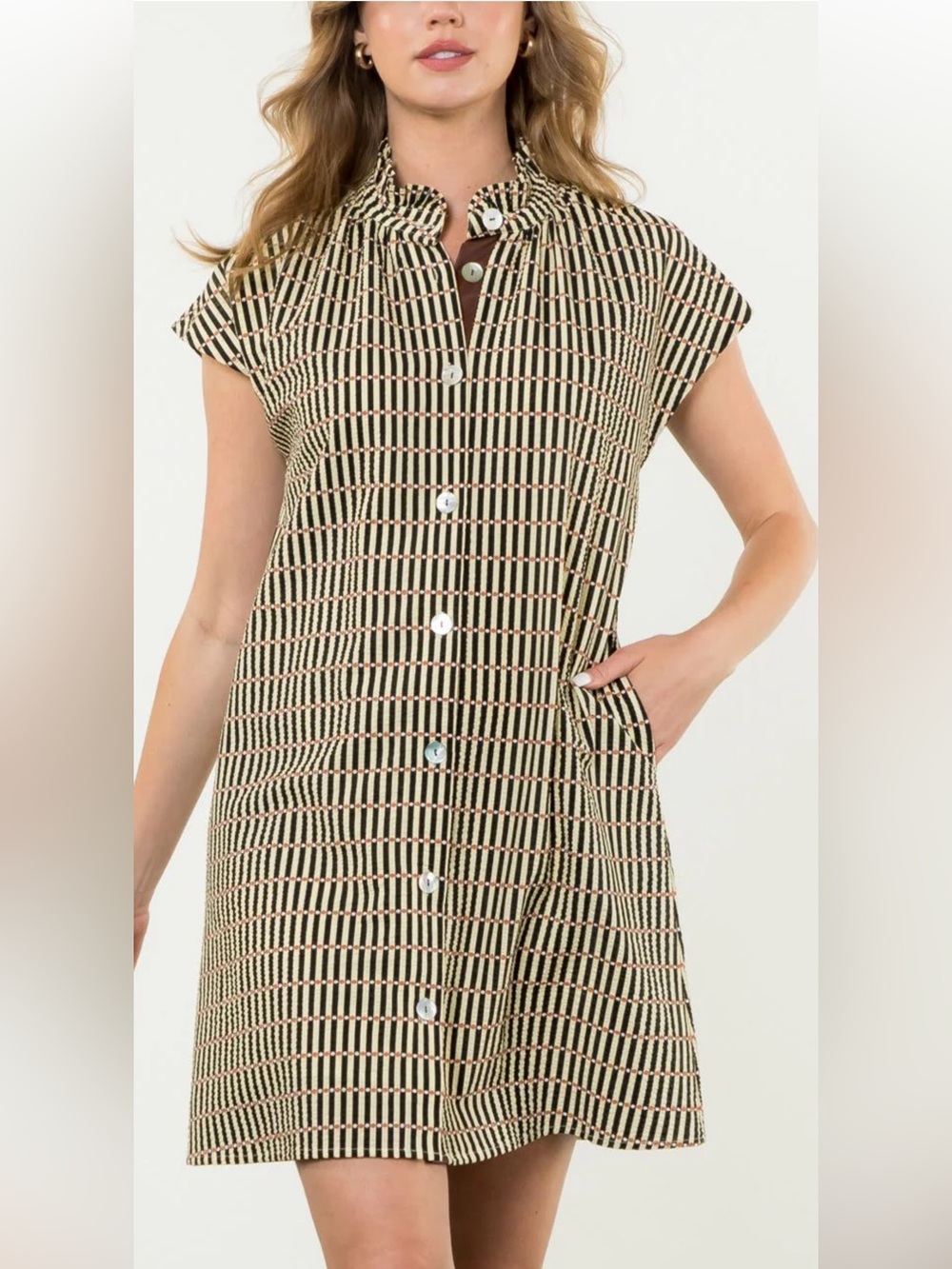 THML Black and Cream Button-Front Shift Dress Faith